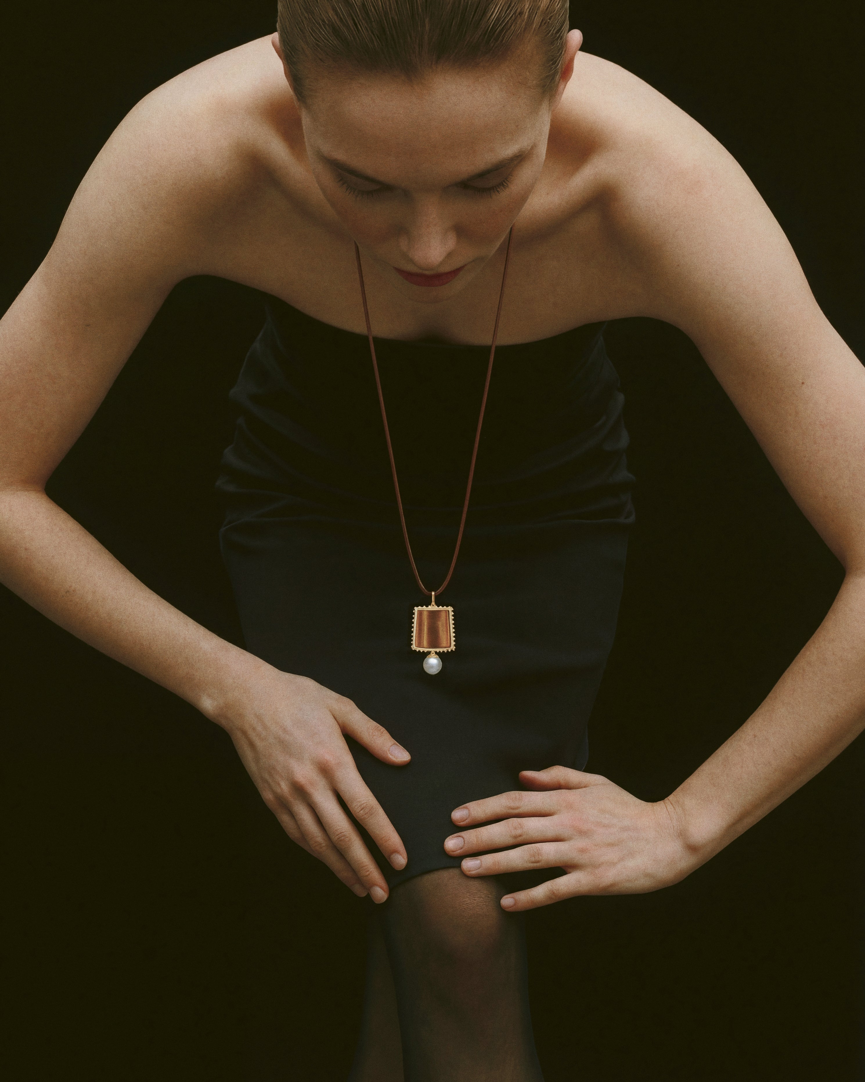 AFLALO Lone Tile Pendant Necklace – Gold - Model Front
