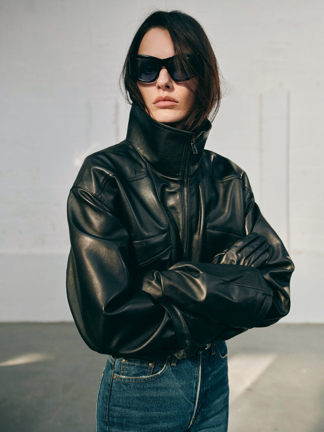 AFLALO Zadie Jacket in Leather – Black - Campaign Model Front Close Up