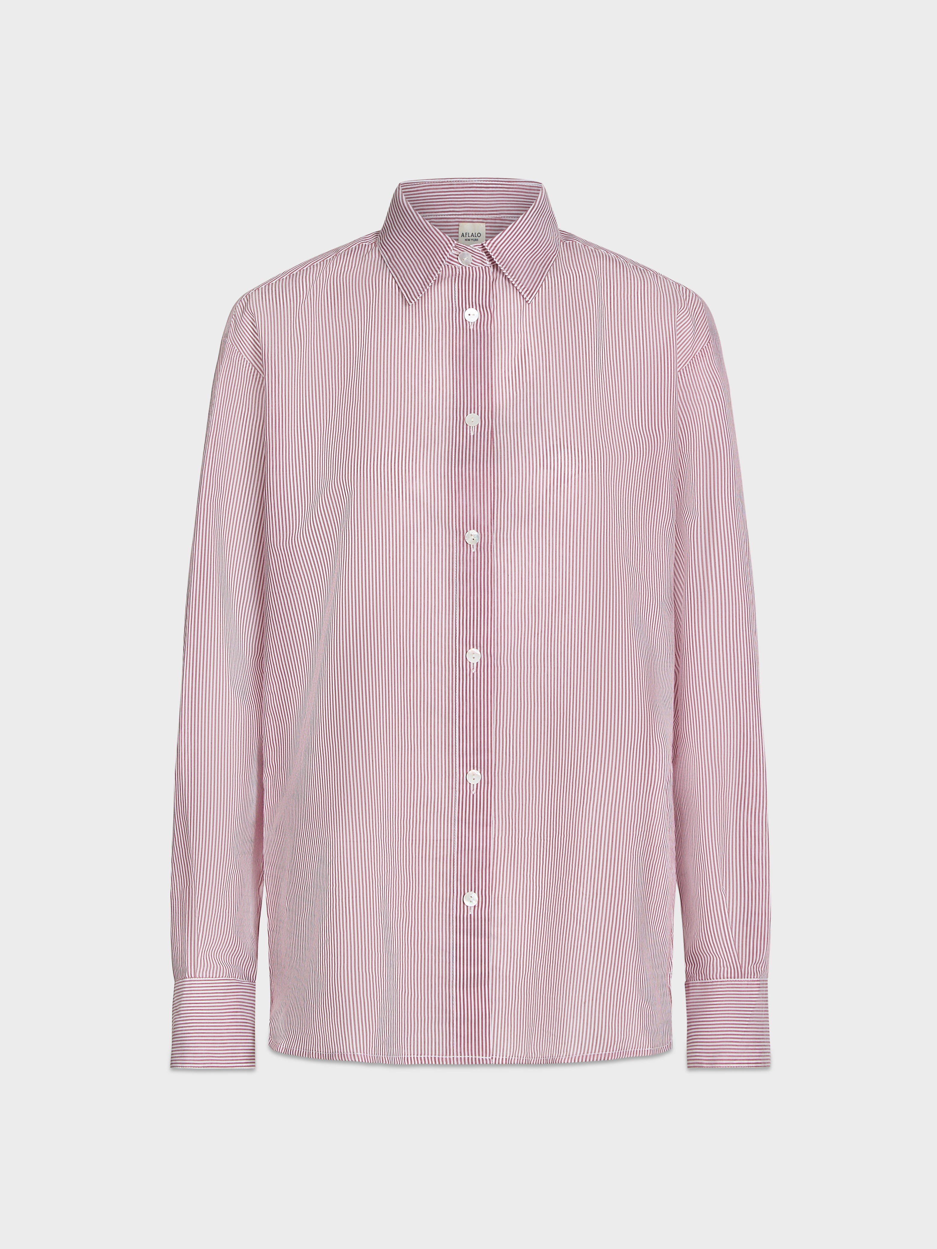 AFLALO Brein Shirt in Silk Cotton – Cedar Stripe - Ghost Front