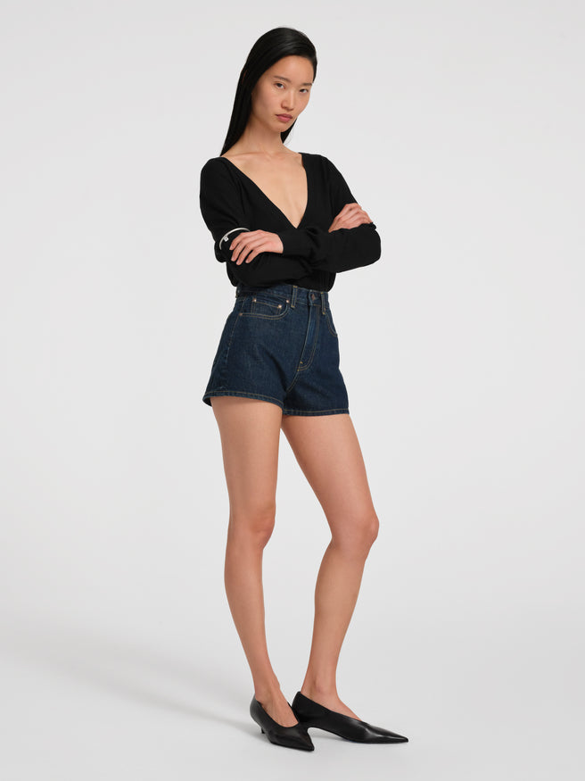 AFLALO Chopin Short in Rigid Denim – Nihon Rinse - Model Front Pose