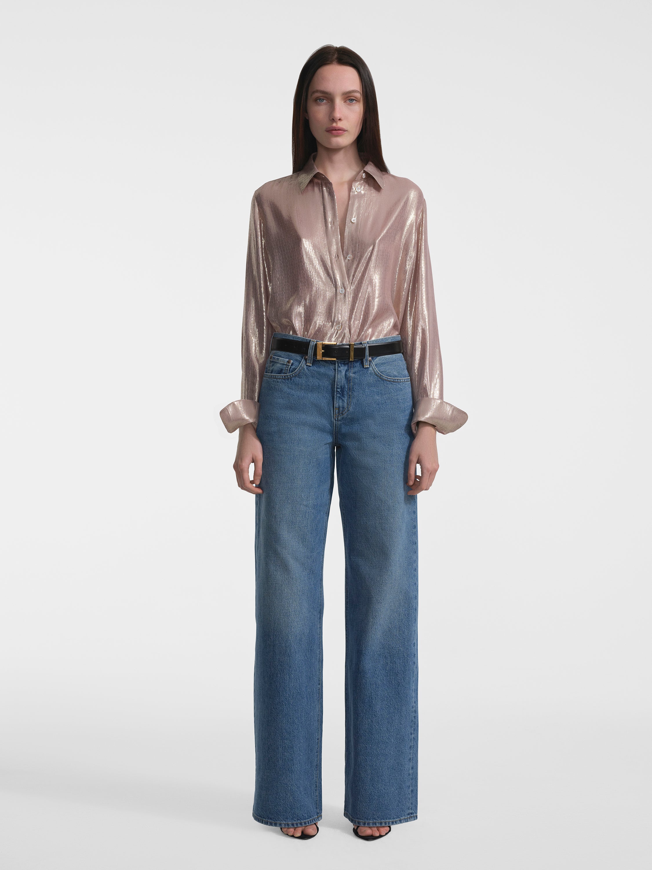 AFLALO Faun Shirt in Silk – Rose Quartz - Model Front