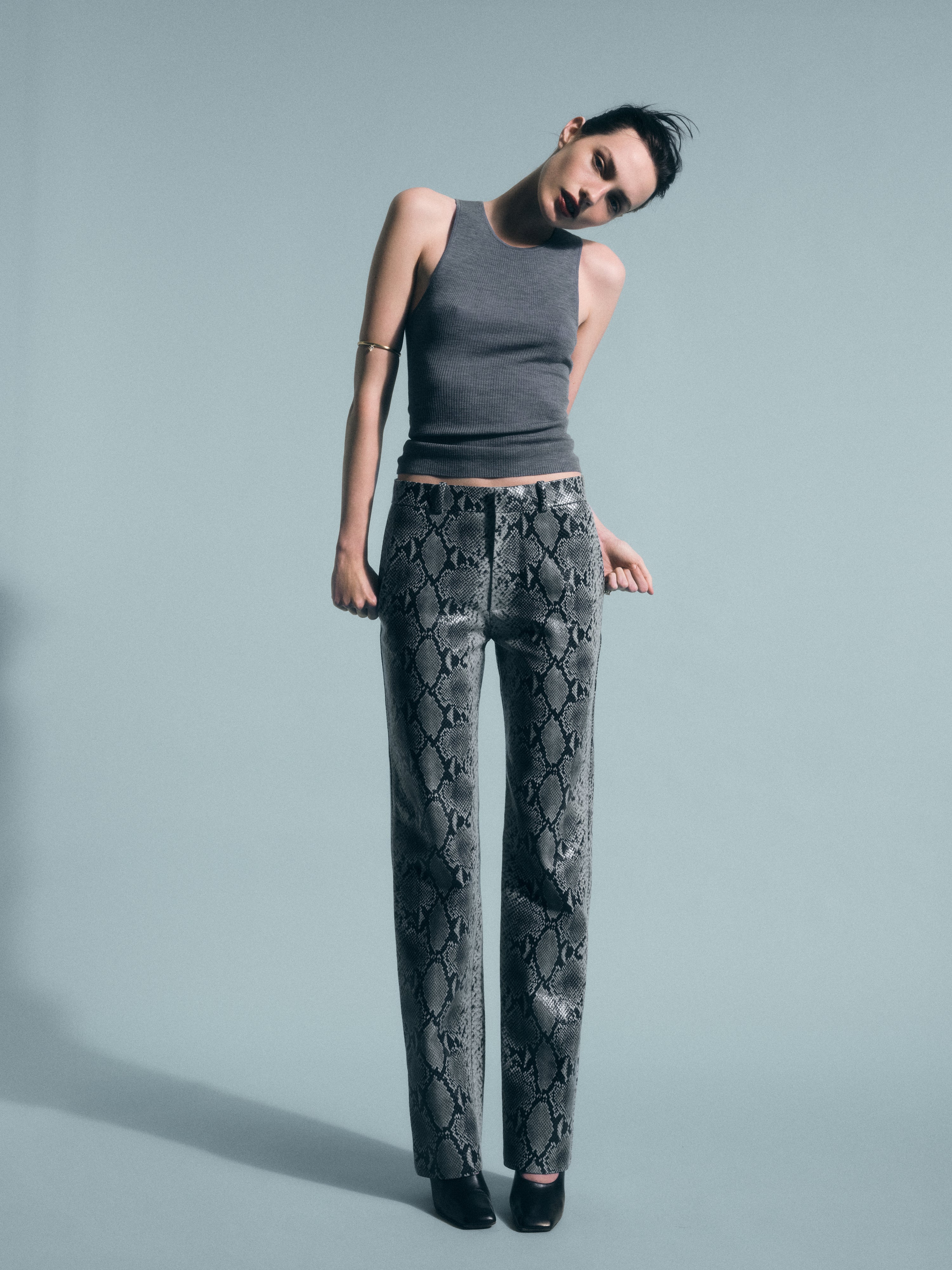 AFLALO Lazare Trouser in Python Embossed Leather – Racer - Campaign Model Front Pose