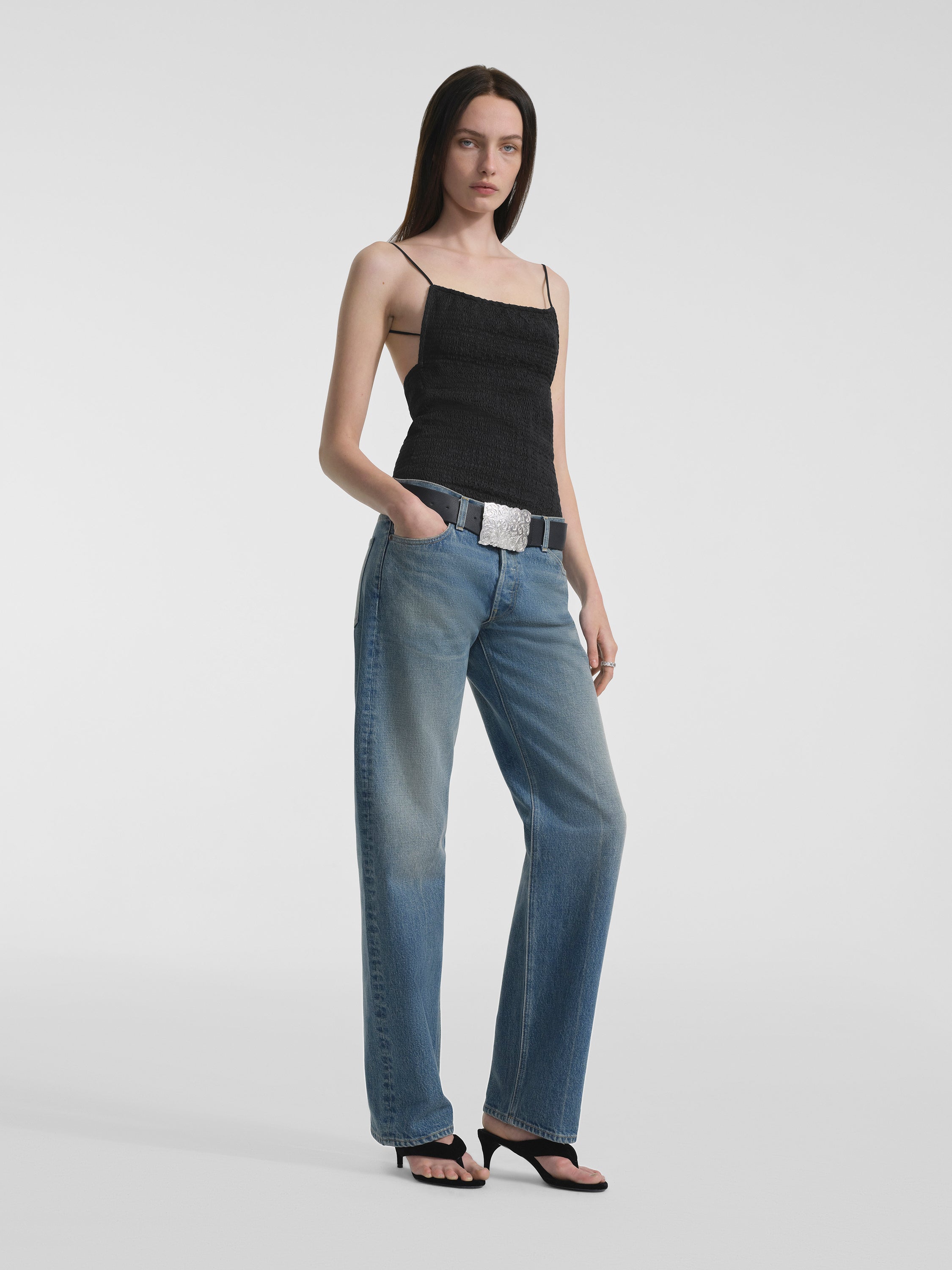 AFLALO Ruvina Top in Silk – Black - Model Front