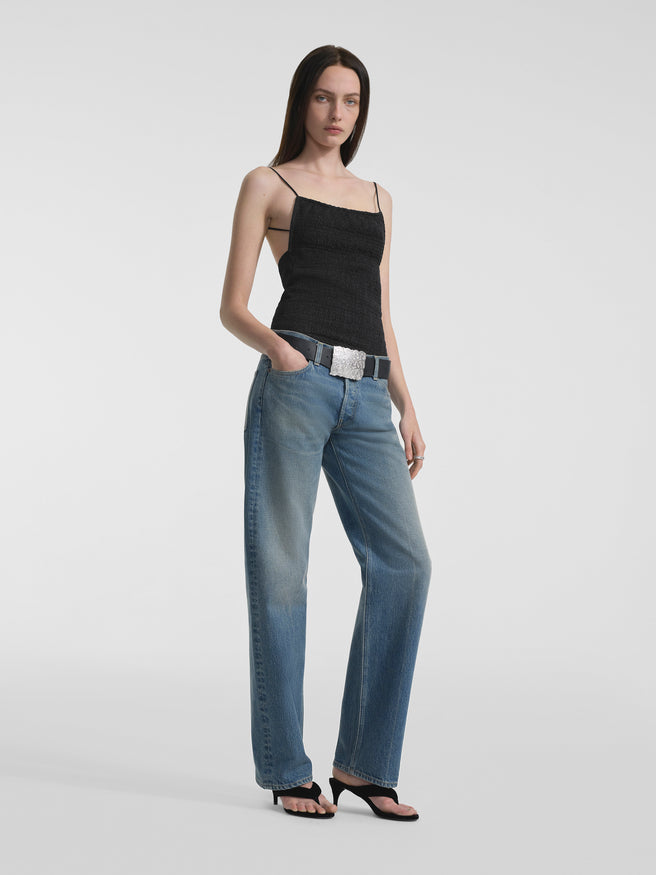 AFLALO Ruvina Top in Silk – Black - Model Front