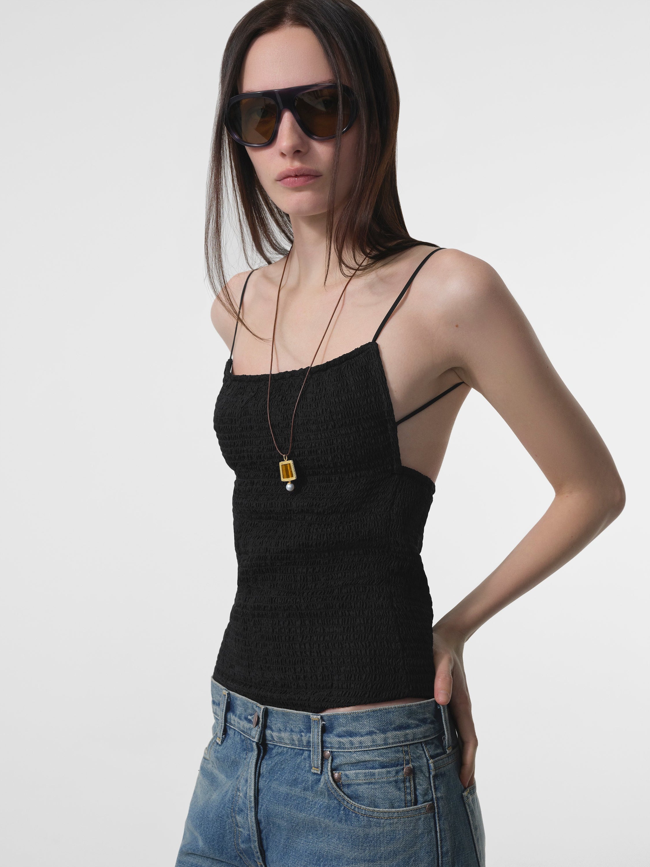 AFLALO Ruvina Top in Silk – Black - Model Front Closed Up